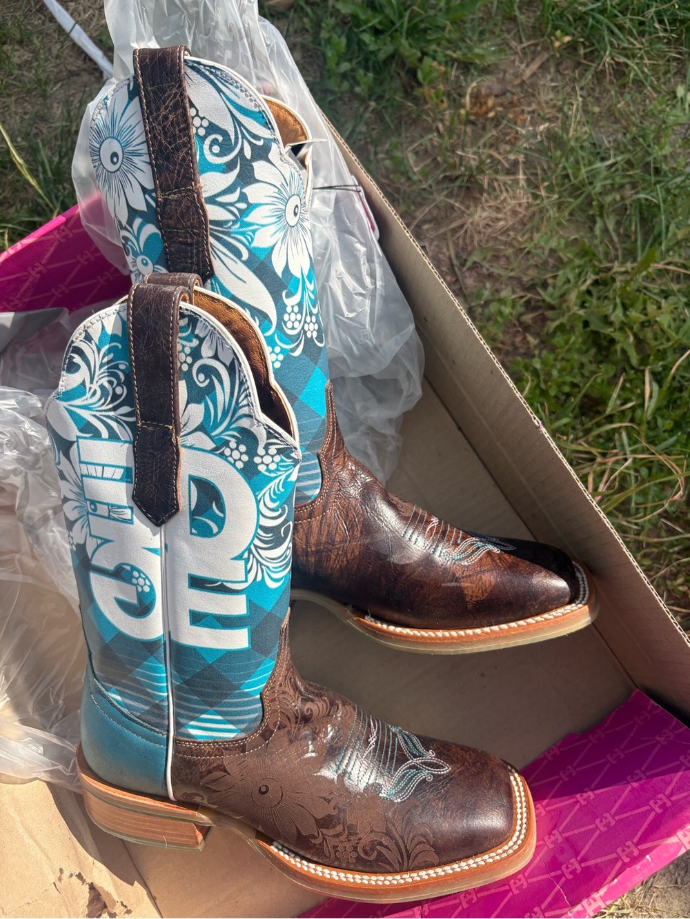 Cinch Brown Leather Western Heeled Boots with Teal & White Floral Shaft
